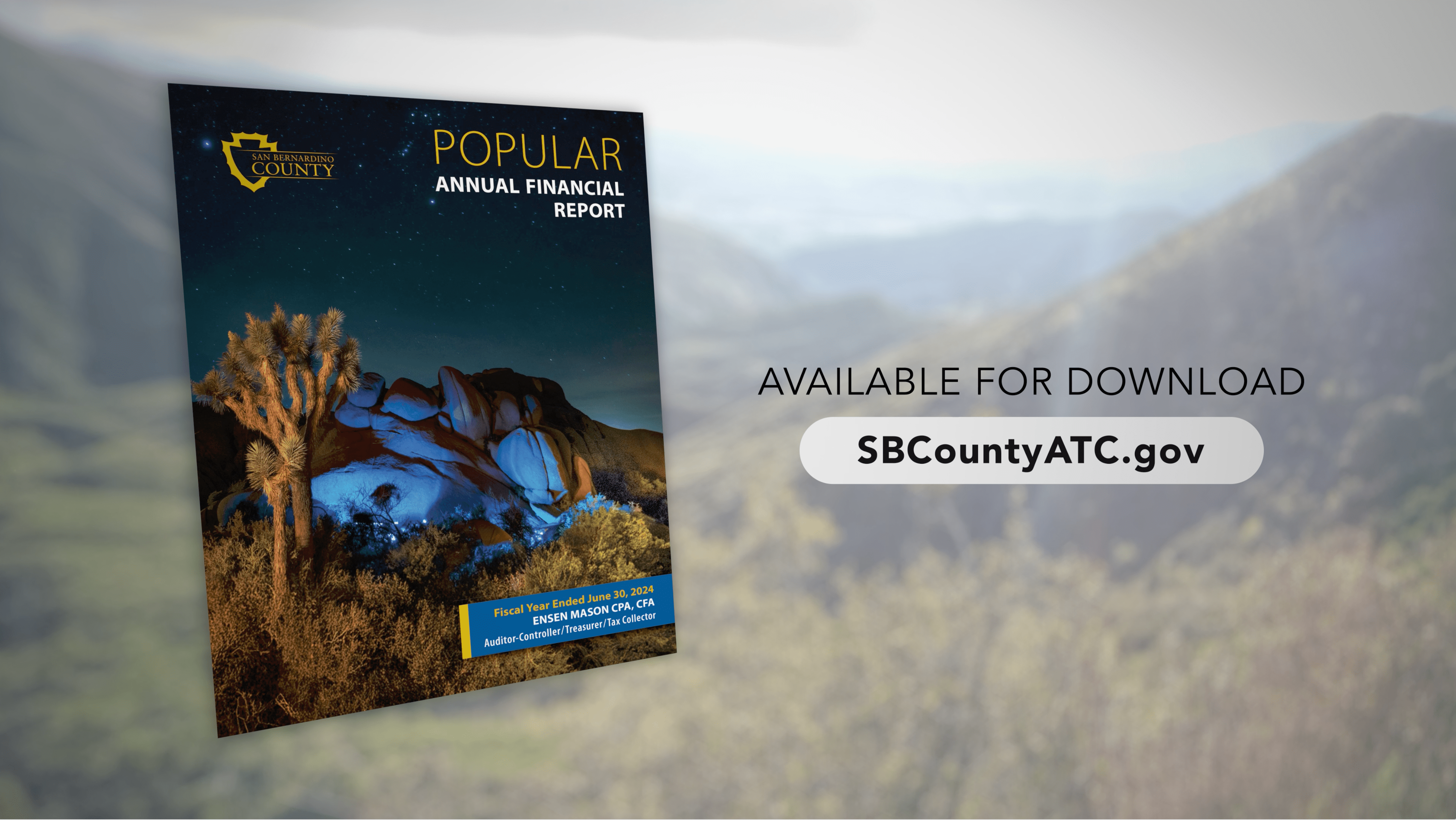 Annual financial report of SB County with scenic backdrop, marked as available for download at SBCountyATC.gov. Play button is also visible.